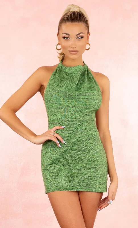 Cabo Resort Green Sleeveless Halter Slub Pattern Mini Open Back Bodycon Dress