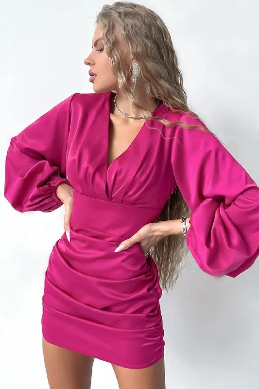 Weekend Clearance Frenzy Chic Deep V Bishop Sleeve Ruched Bodycon Party Mini Dress - Hot Pink