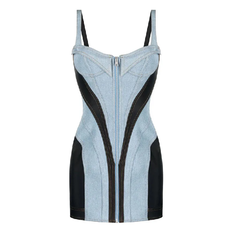 Weekend Deal Fest Contrast Blue & Black Bustier Front Zip Bodycon Hybrid Denim Mini Sundress Weekend Deal Fest Contrast Blue & Black Bustier Front Zip Bodycon Hybrid Denim Mini Sundress