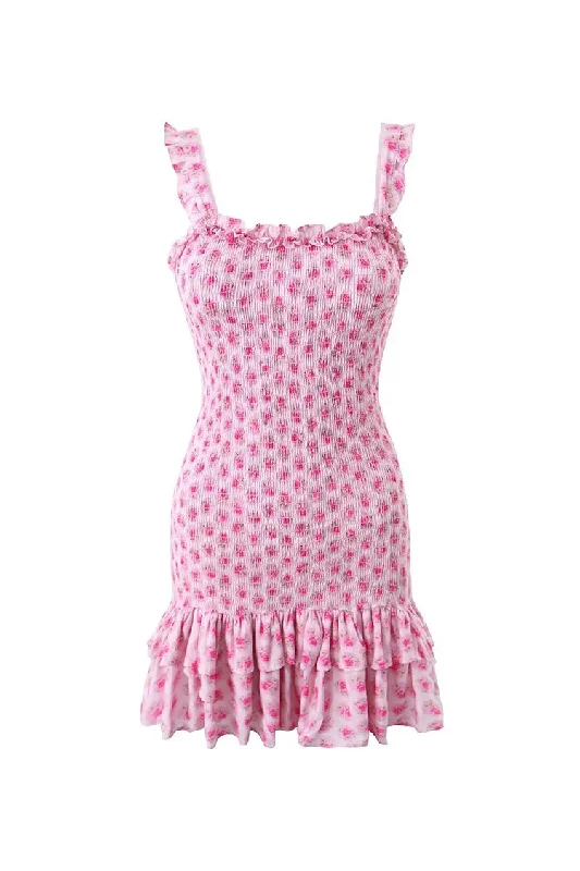 Final Sale Event Cute Floral Print Ruffle Square Neck Bodycon Tiered Smocked Mini Sundress