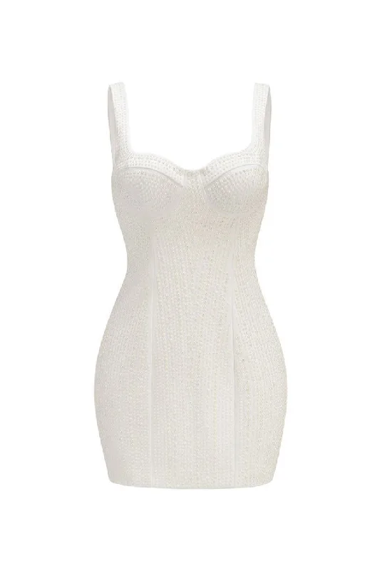 Flash Discounts Elegant Sweetheart Sleeveless Pearl Embellished Bodycon Party Mini Dress