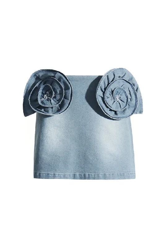 Unbeatable Flash Deals Enchanting Double 3D Rosette Faded Wash Bodycon Denim Mini Skirt