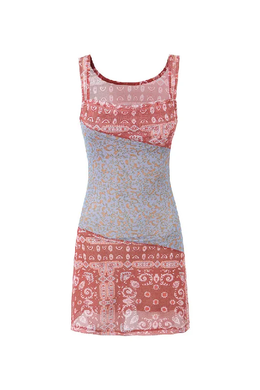 Exclusive Weekly Sale Ethnic Patchwork Cowl Neck Sleeveless Printed Mesh Bodycon Mini Sundress