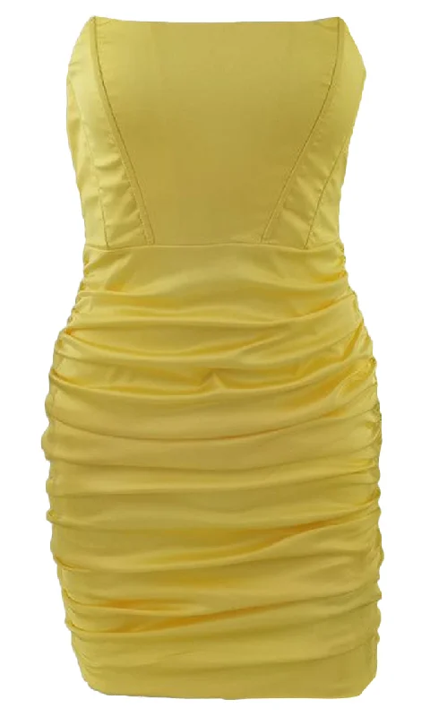 Find Your Light<br><span> Yellow Satin Strapless Ruched Bodycon Mini Dress</span>