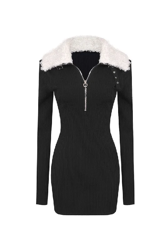 Weekend Flash Sale Fluffy Zipper Collar Long Sleeve Bodycon Ribbed Bandage Party Mini Dress