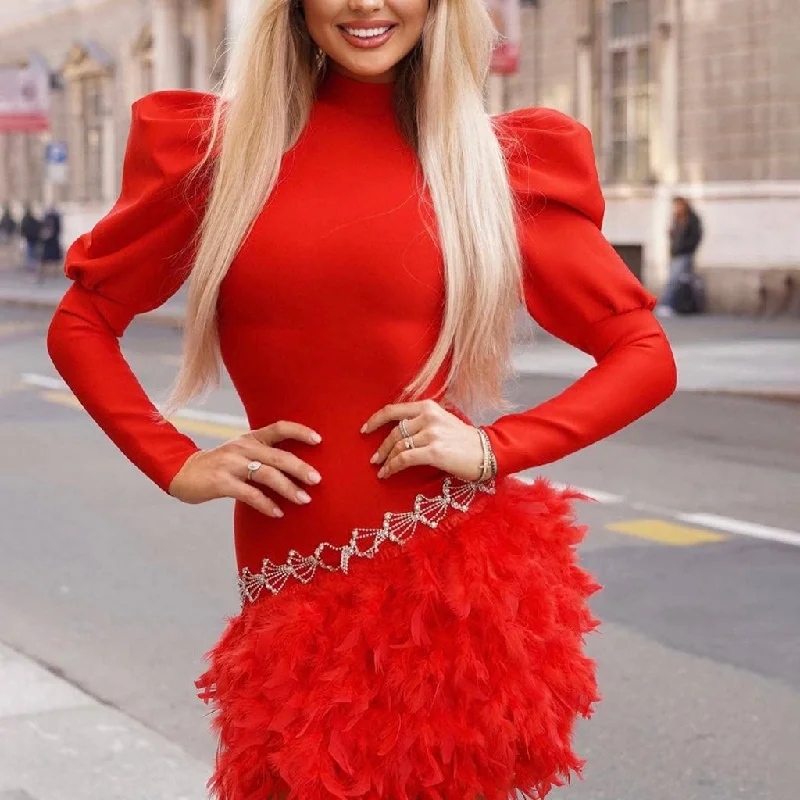 Weekend Only Savings Formal Crystal Feather Trim Leg of Mutton Sleeve Bandage Bodycon Mini Dress Weekend Only Savings Formal Crystal Feather Trim Leg of Mutton Sleeve Bandage Bodycon Mini Dress