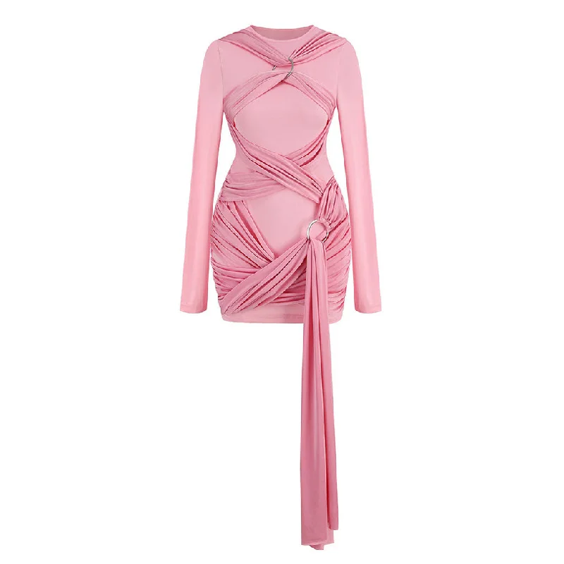 Weekend Hot Savings Funky Crew Neck Long Sleeve O Ring Draped Ruched Bodycon Party Mini Dress Weekend Hot Savings Funky Crew Neck Long Sleeve O Ring Draped Ruched Bodycon Party Mini Dress