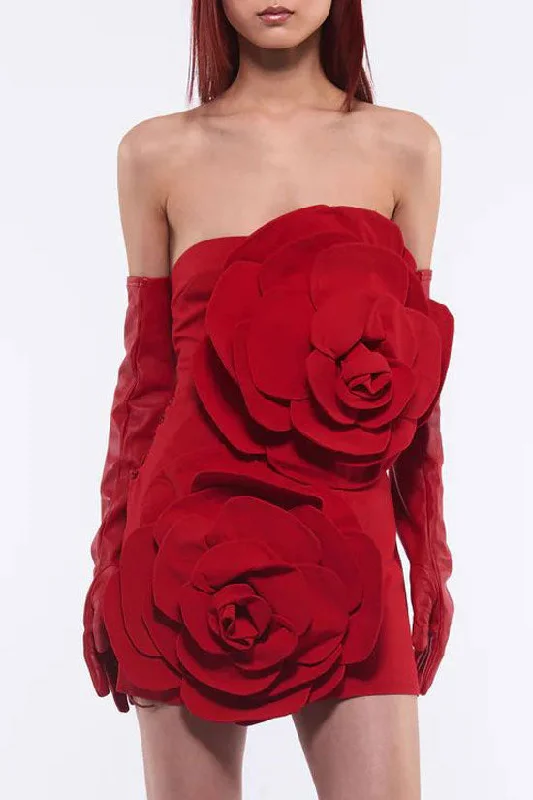 Weekend Clearance Event Glamorous Oversized 3D Rosette Applique Strapless Bodycon Party Mini Dress - Red Weekend Clearance Event Glamorous Oversized 3D Rosette Applique Strapless Bodycon Party Mini Dress - Red