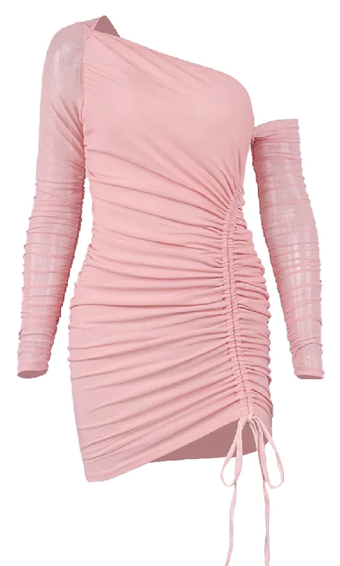 It's Happening Tonight Sheer Mesh Long Sleeve One Shoulder Drawstring Ruched Bodycon Mini Dress