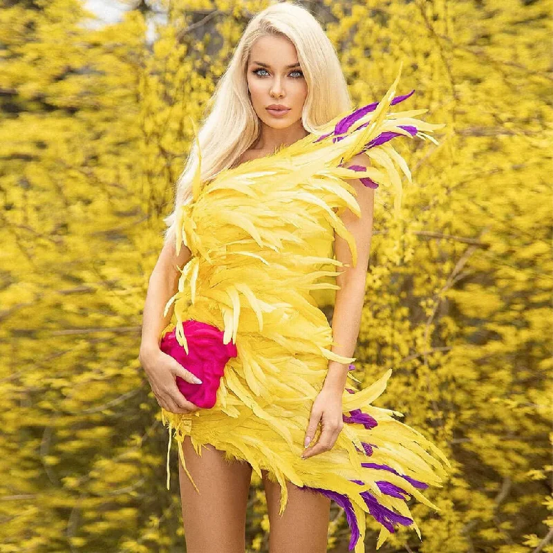 Weekend Massive Discounts Luxury Feather Trim One Shoulder Bodycon Mini Dress - Yellow Weekend Massive Discounts Luxury Feather Trim One Shoulder Bodycon Mini Dress - Yellow