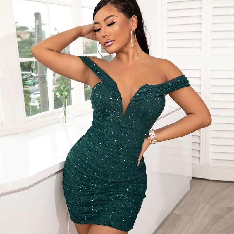 Ruched V Wire Off Shoulder Bodycon Party Mini Dress - Emerald Green