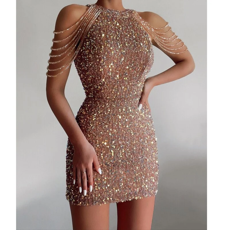 Amy Fashion - Off Shoulder Gold Sequin Short Party Bodycon Dress