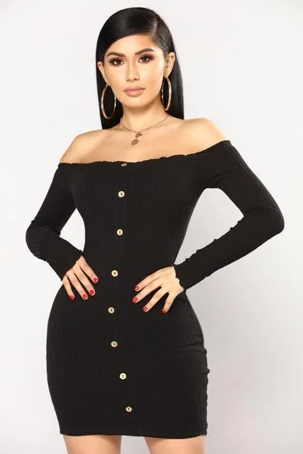 Amy Fashion - Long Sleeve Sexy Slash Neck Bodycon Dresses