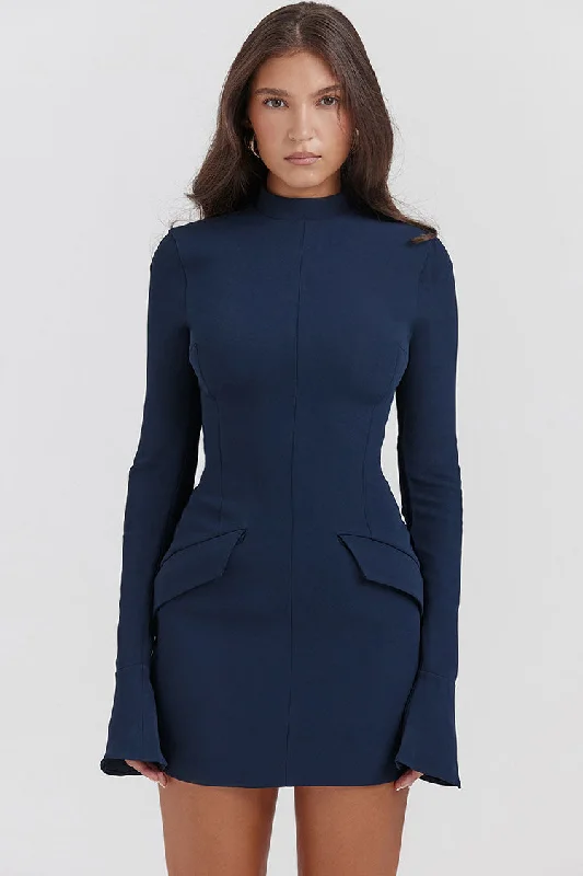 OL Mock Neck Bell Sleeve Flap Pocket Bodycon Party Mini Dress - Navy Blue