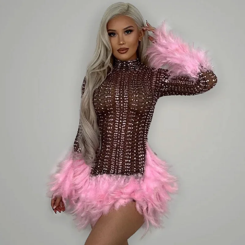Weekend Price Slash Day Opulent Handmade Crystal Mesh Sheer Bodycon Contrast Feather Trim Mini Dress Weekend Price Slash Day Opulent Handmade Crystal Mesh Sheer Bodycon Contrast Feather Trim Mini Dress