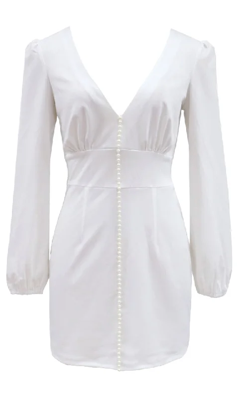 Ready For A Kiss White Long Puff Sleeve V Neck Pearl Button Bodycon Mini Dress