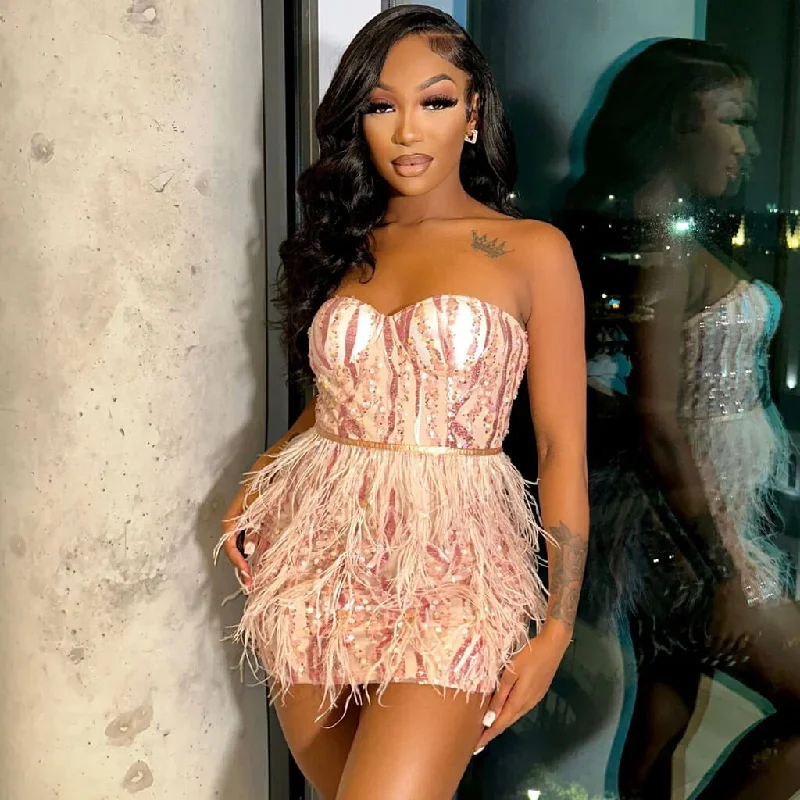 Weekend Exclusive Discounts Regal Crystal Sequined Embellished Bodycon Faux Feather Mini Tube Dress Weekend Exclusive Discounts Regal Crystal Sequined Embellished Bodycon Faux Feather Mini Tube Dress