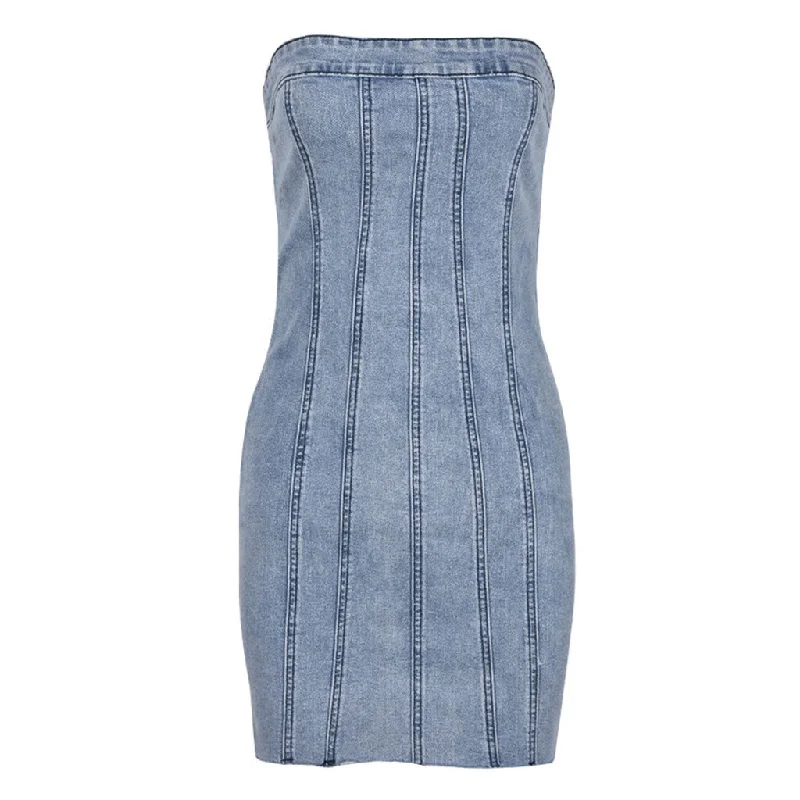 Weekend Hot Prices Retro Style Washed Strapless Raw Trim Summer Bodycon Mini Denim Dress Weekend Hot Prices Retro Style Washed Strapless Raw Trim Summer Bodycon Mini Denim Dress