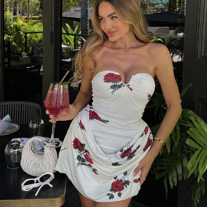 Weekend Hot Offers Romantic Rose Print Draped Drop Waist Bodycon Notch Strapless Mini Dress Weekend Hot Offers Romantic Rose Print Draped Drop Waist Bodycon Notch Strapless Mini Dress