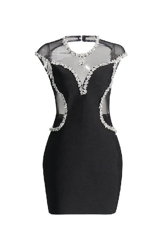 Weekend Markdown Madness Sexy Backless Crystal Round Neck Mesh Bandage Bodycon Party Mini Dress