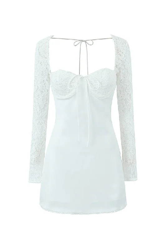 Super Price Drop Sexy Bow Tie Bustier Lace Sleeve Smocked Laced Back Bodycon Party Mini Dress