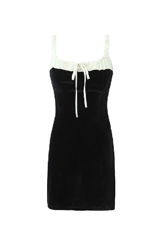 Weekend Discount Fest Sexy Bow Tie Suspender Strap Contrast Velvet Bodycon Party Mini Dress