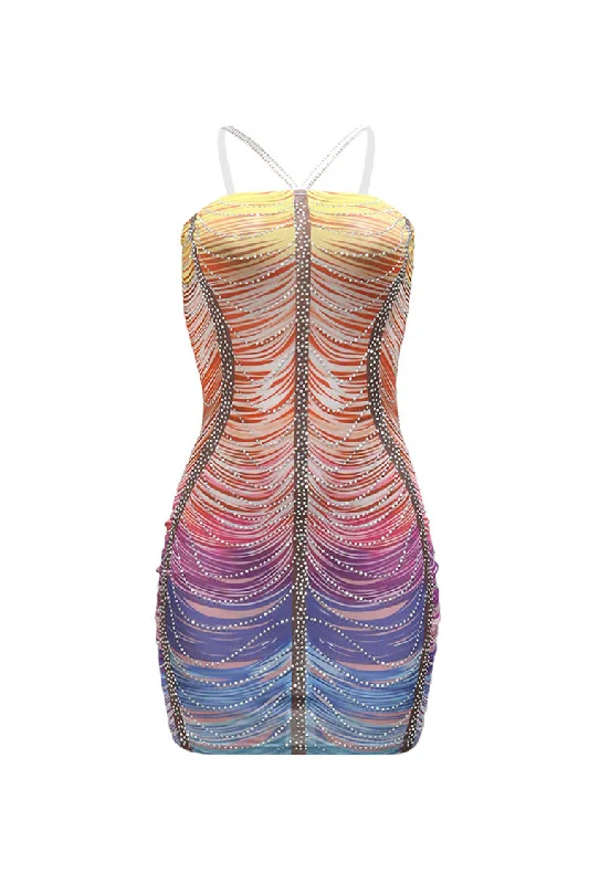 Best Prices This Week Sexy Crystal Embellished Wavy Print Bodycon Mesh Party Micro Mini Dress