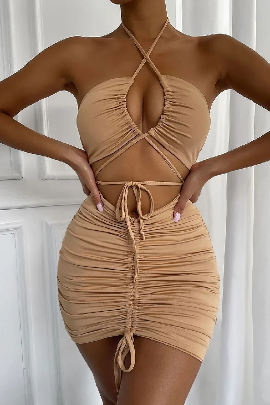 Weekend Markdowns Sexy Halter Neck Cutout Drawstring Tie Ruched Bodycon Party Mini Dress - Khaki Weekend Markdowns Sexy Halter Neck Cutout Drawstring Tie Ruched Bodycon Party Mini Dress - Khaki
