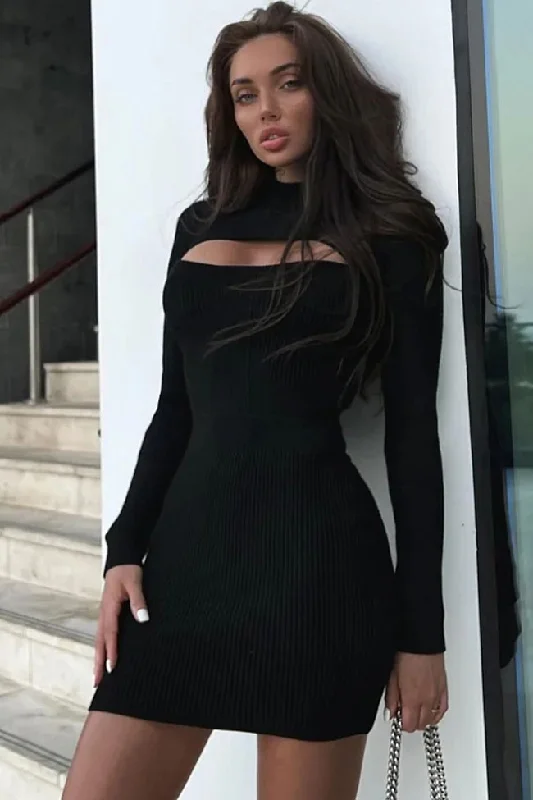 Weekend Buy One Get One Sexy Mock Neck Cutout Ribbed Knit Long Sleeve Bodycon Sweater Mini Dress - Black Weekend Buy One Get One Sexy Mock Neck Cutout Ribbed Knit Long Sleeve Bodycon Sweater Mini Dress - Black
