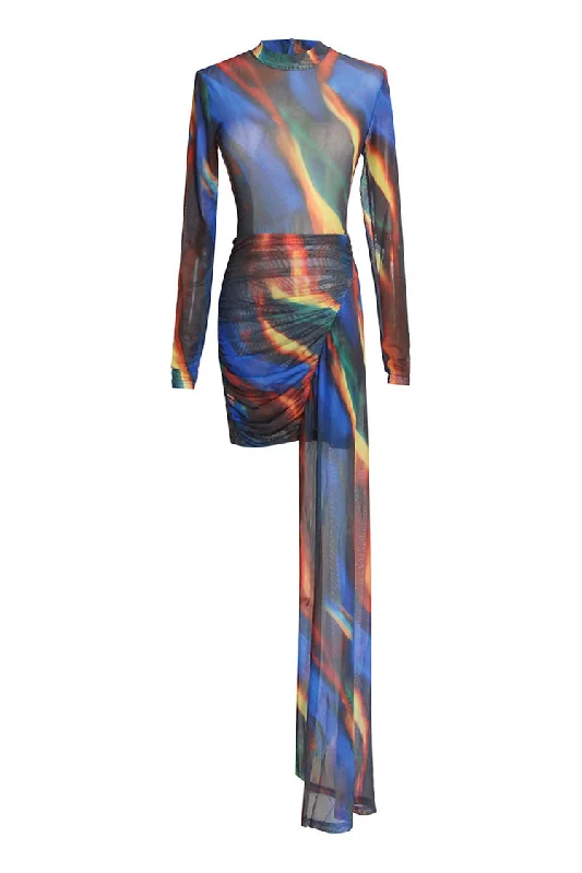 Weekend Price Drops Sexy Printed Sheer Mesh High Neck Draped Ruched Bodycon Club Mini Dress