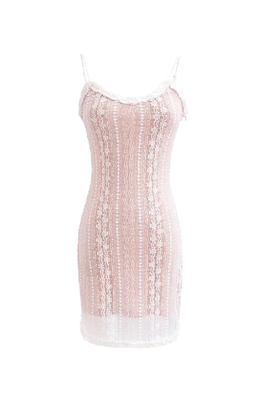 Limited-Time Bargains Sexy Ruffled Scoop Neck Spaghetti Strap Lace Mesh Bodycon Mini Sundress