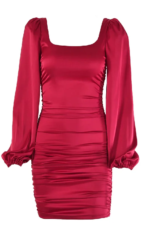 She's Got The Look Satin Long Puff Sleeve Square Neck Ruched Bodycon Mini Dress