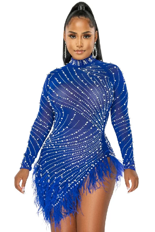 Weekend Best Deals Sparkly Crystal High Neck Sheer Mesh Bodycon Feather Party Mini Dress - Blue Weekend Best Deals Sparkly Crystal High Neck Sheer Mesh Bodycon Feather Party Mini Dress - Blue