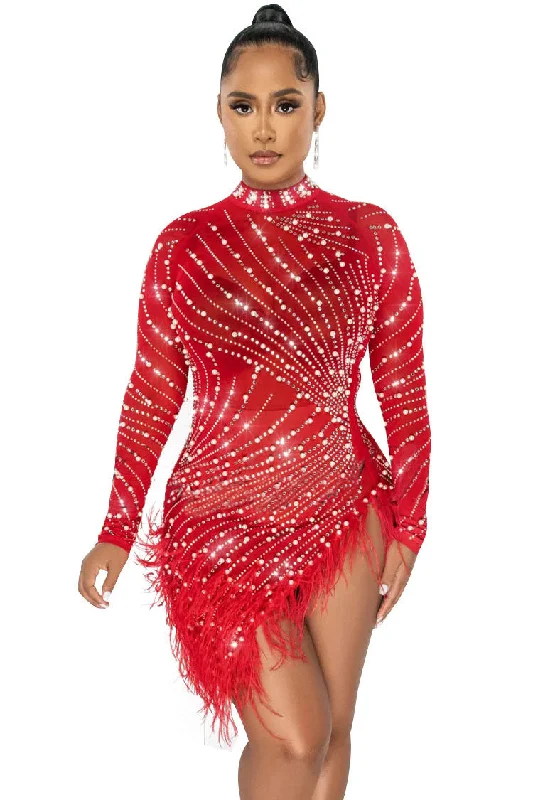 Weekend Discount Rush Sparkly Crystal High Neck Sheer Mesh Bodycon Feather Party Mini Dress - Red Weekend Discount Rush Sparkly Crystal High Neck Sheer Mesh Bodycon Feather Party Mini Dress - Red