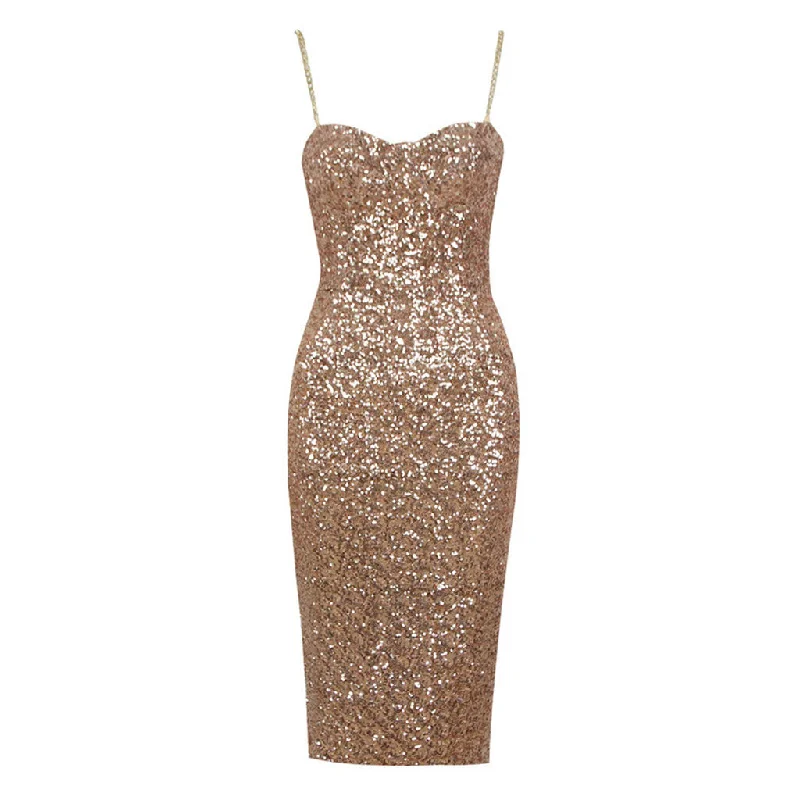 Weekend Hot Bargains Sparkly Metallic Chain Strap Sweetheart Bustier Bodycon Sequin Midi Dress Weekend Hot Bargains Sparkly Metallic Chain Strap Sweetheart Bustier Bodycon Sequin Midi Dress