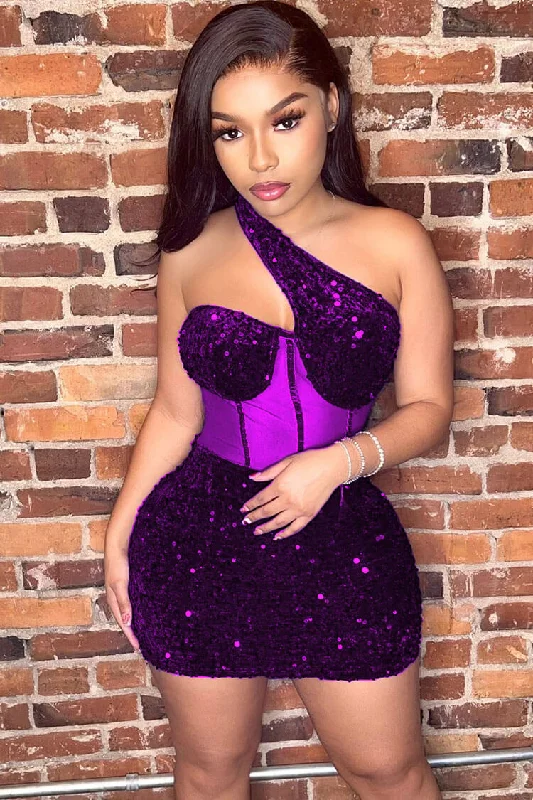 Weekend Deal Fever Sparkly One Shoulder Mesh Velvet Sequin Bodycon Party Mini Dress - Purple Weekend Deal Fever Sparkly One Shoulder Mesh Velvet Sequin Bodycon Party Mini Dress - Purple