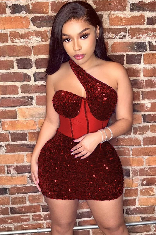 Sparkly One Shoulder Mesh Velvet Sequin Bodycon Party Mini Dress - Red