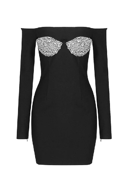 Weekend Super Savings Sparkly Rhinestone Bra Off Shoulder Long Sleeve Bodycon Bandage Party Mini Dress
