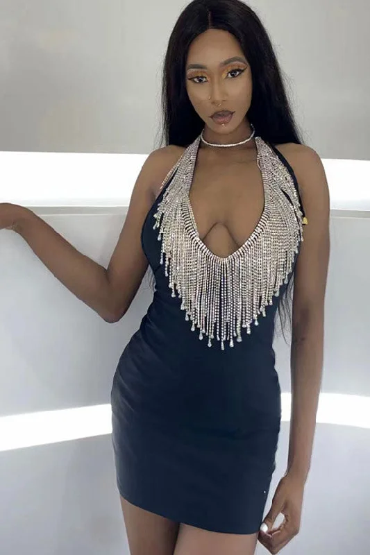 Weekend Flash Discount Sparkly Rhinestone Fringe Deep V Neck Halter Bodycon Party Mini Dress - Black Weekend Flash Discount Sparkly Rhinestone Fringe Deep V Neck Halter Bodycon Party Mini Dress - Black