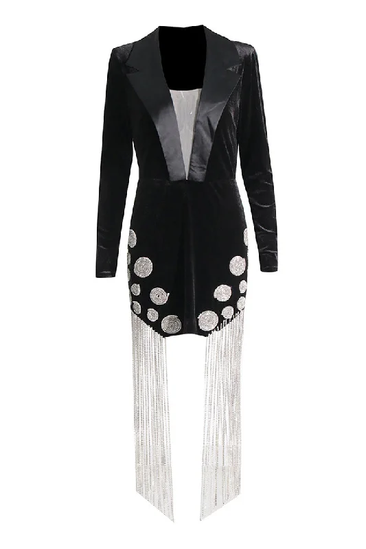 Weekend Exclusive Offers Sparkly Rhinestone Fringe Satin Lapel Plunge Velvet Bodycon Party Mini Dress