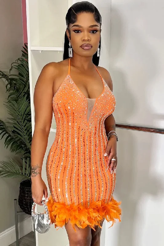 Weekend Special Sale Sparkly Rhinestone Halter Neck Bodycon Feather Trim Party Mini Dress - Orange Weekend Special Sale Sparkly Rhinestone Halter Neck Bodycon Feather Trim Party Mini Dress - Orange