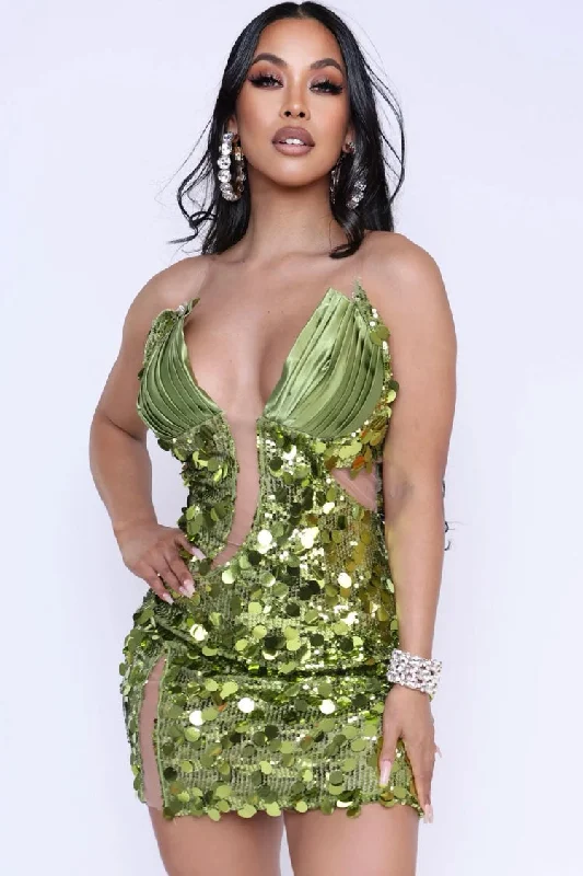 Weekend Mega Deals Sparkly Sequin Choker Deep V Sheer Mesh Bodycon Tube Party Mini Dress - Green