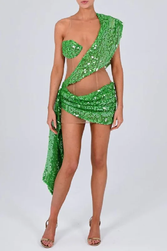 Weekend Price Drop Event Sparkly Sequin Panel Sheer Mesh Ruched Draped Bodycon Club Mini Dress - Green Weekend Price Drop Event Sparkly Sequin Panel Sheer Mesh Ruched Draped Bodycon Club Mini Dress - Green