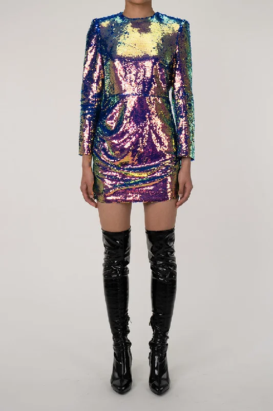Weekend Savings Mania Sparkly Sequin Round Neck Long Sleeve Ruched Bodycon Party Mini Dress