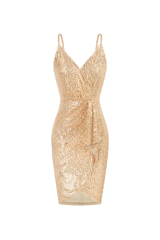 Weekend Flash Deals Sparkly Sequin V Neck Spaghetti Strap Ruffle Bodycon Party Mini Dress