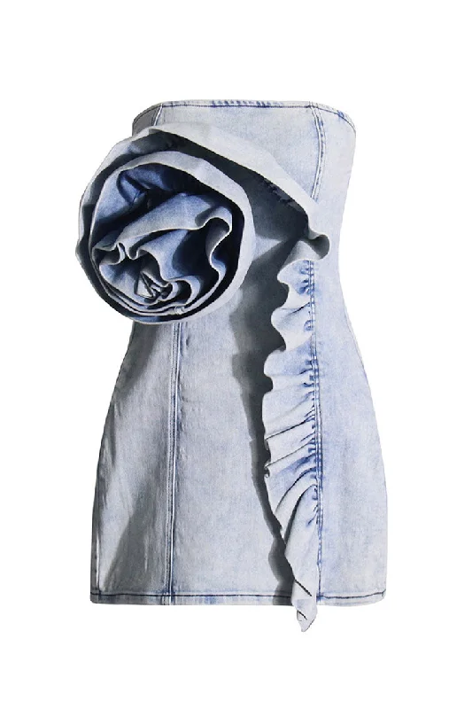Special Shopping Event Striking Big Rosette Ruffled Trim Strapless Bodycon Mini Denim Dress