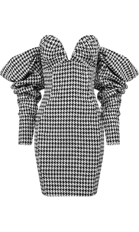 Strut With Elegance Black White Houndstooth Pattern Off The Shoulder Puff Long Sleeve Deep Sweetheart Neckline Bodycon Mini Dress