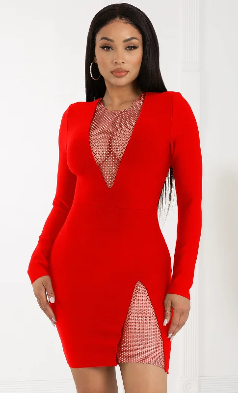 Tequila Cocktails Red Long Sleeve V Neck Mesh Rhinestone Cut Out Bandage Bodycon Mini Dress