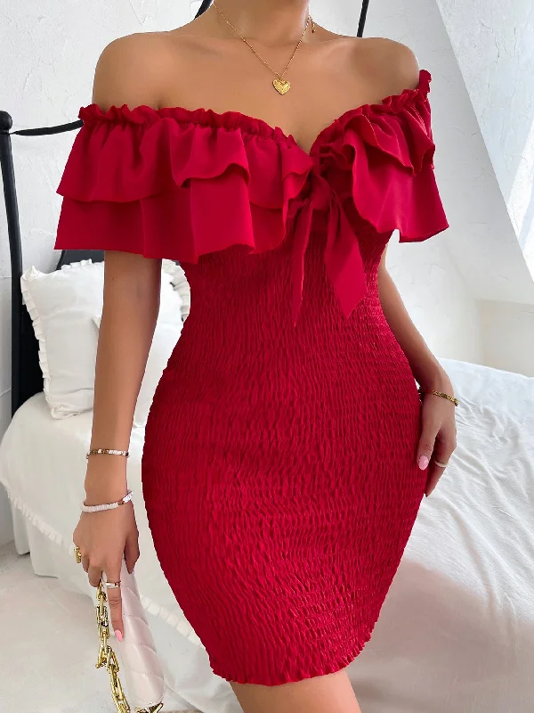 Amy Fashion - Tie Front Off Shoulder Ruffle Trim Shirred Bodycon Dress