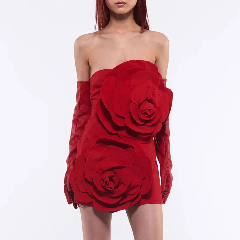 Weekend Bargain Shopping Vintage Big Rose Detailed Gloved Bodycon Party Strapless Crepe Mini Dress Weekend Bargain Shopping Vintage Big Rose Detailed Gloved Bodycon Party Strapless Crepe Mini Dress